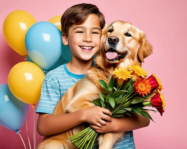 Young boy with golden retriever and colorful balloons