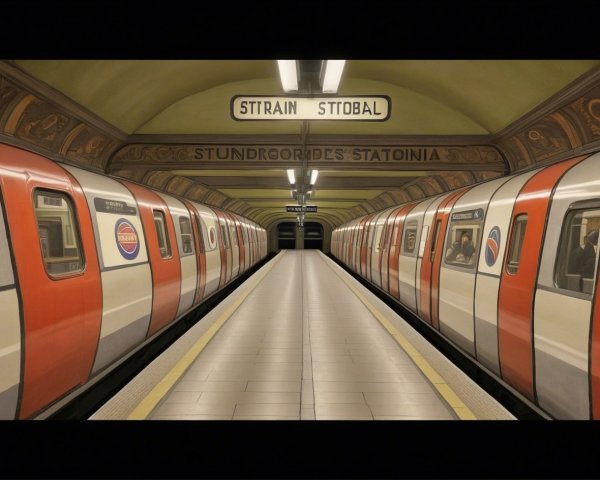 Trains with Striped Designs in Subway Station Setting