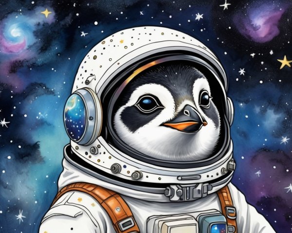 Penguin in Astronaut Suit Against Cosmic Background