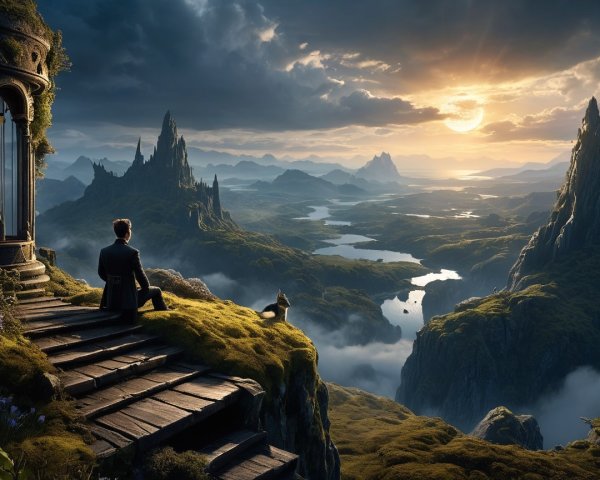 Figure on Stone Steps Overlooking Mountain Landscape