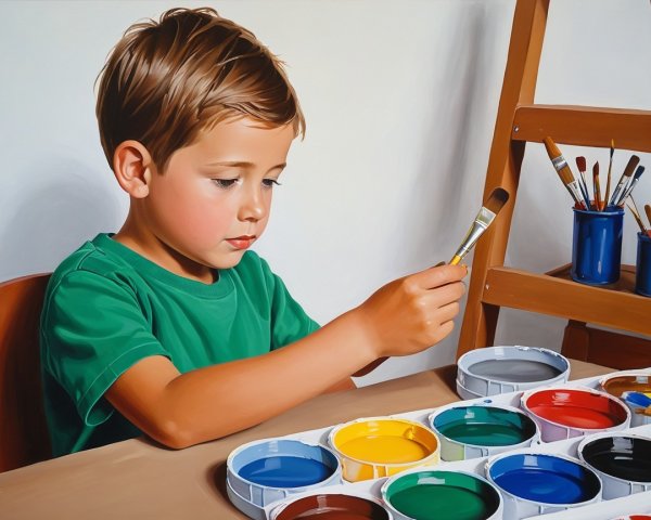 Hyperrealistic Painting of a Boy Painting at Table