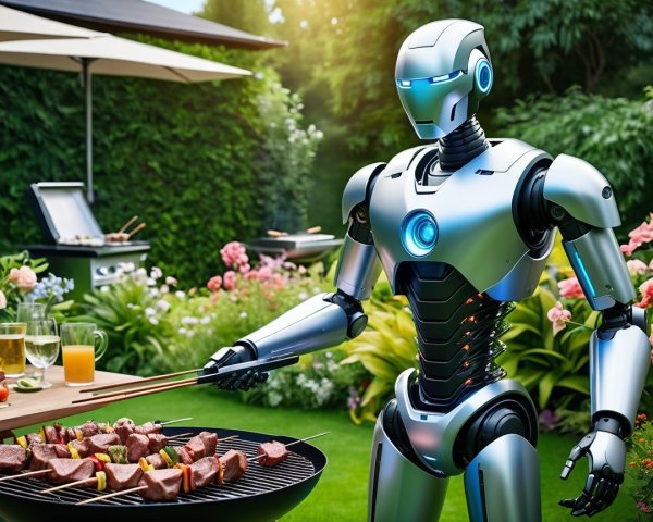 Futuristic Robot Barbecuing in a Lush Garden Setting