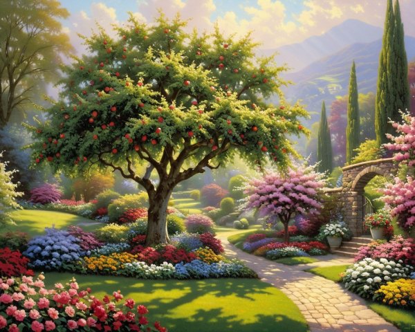 Vibrant Garden Landscape with Apple Tree and Flowers