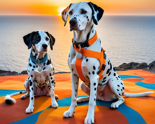 Dalmatians on Colorful Blanket with Ocean Sunset Background