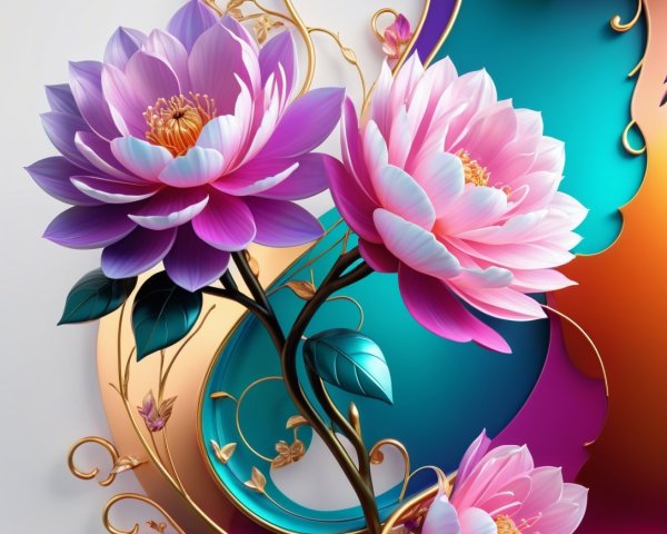 Vibrant Lotus Flowers with Decorative Metallic Background