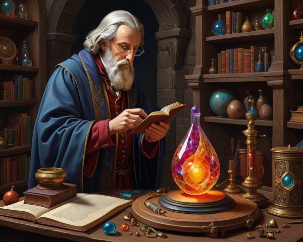 Old Wizard in Study with Ancient Books and Artifacts