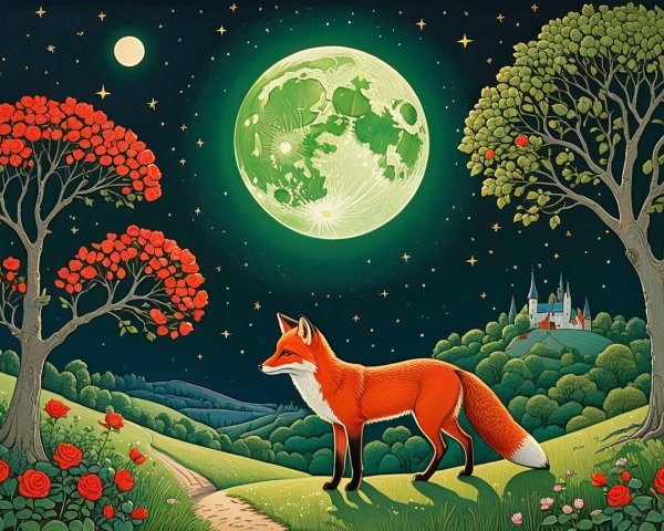 Majestic fox in a vibrant landscape with glowing moon