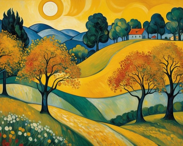 Vibrant Autumn Landscape with Rolling Hills and Village