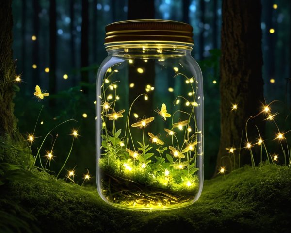 Magical Fireflies in a Glass Jar with Forest Backdrop