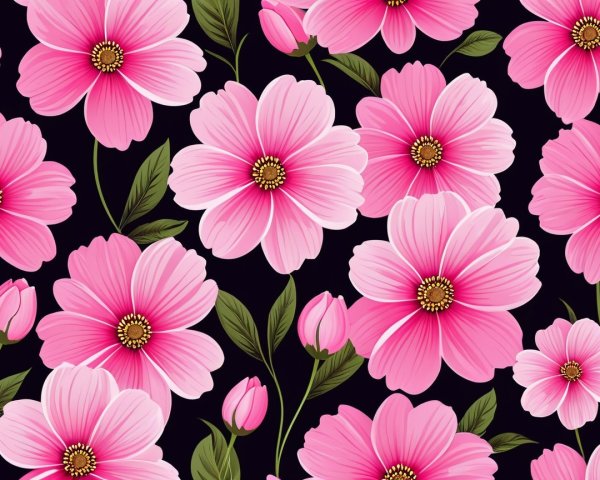 Vibrant Floral Pattern with Pink Blossoms on Black Background