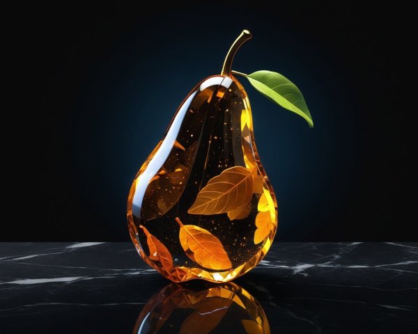 Translucent amber pear-shaped object with leaves inside