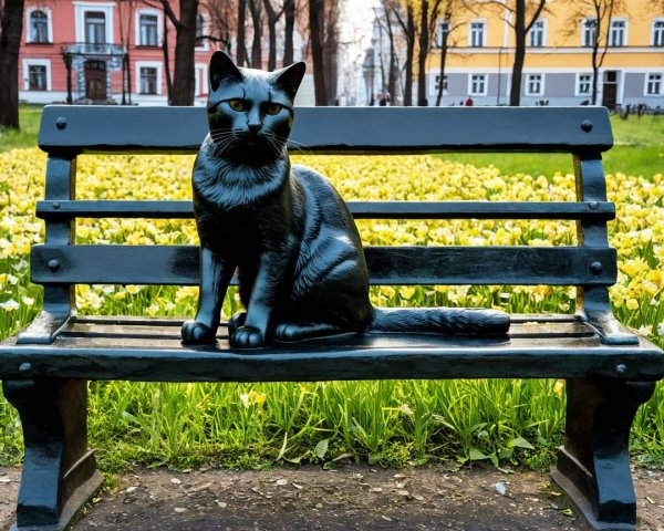 Black Cat Statue on Dark Green Park Bench in Flower Field