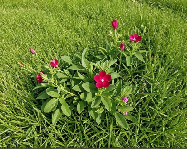 Vibrant Pink Flowers in Lush Green Grass Field
