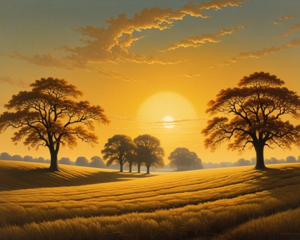 Vibrant Sunset Over Golden Field with Solitary Trees