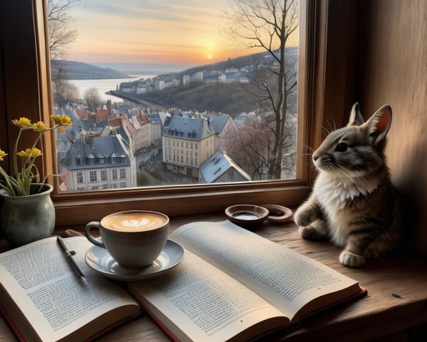 Hyper-realistic oil painting of a baby bunny by a window