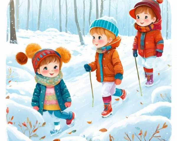 Whimsical Watercolor of Children Hiking in Snow