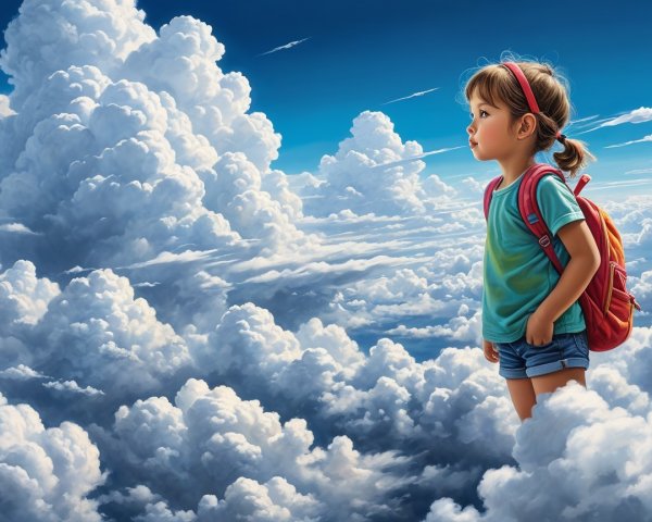 Young girl in clouds with blue shirt and red backpack