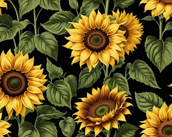 Blooming Sunflowers Pattern on Black Background