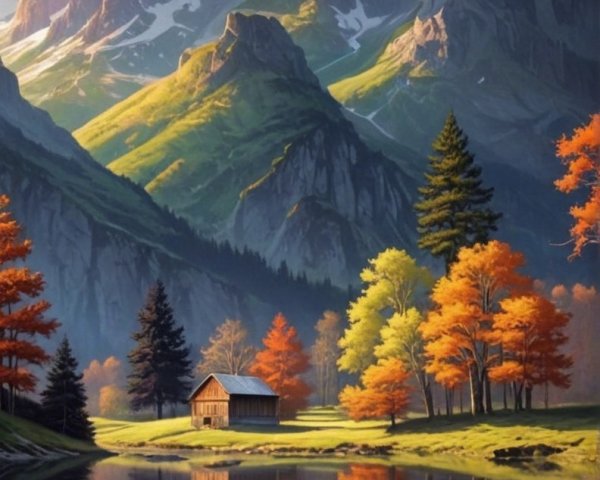 Rustic Cabin by Tranquil Lake in Autumn Landscape