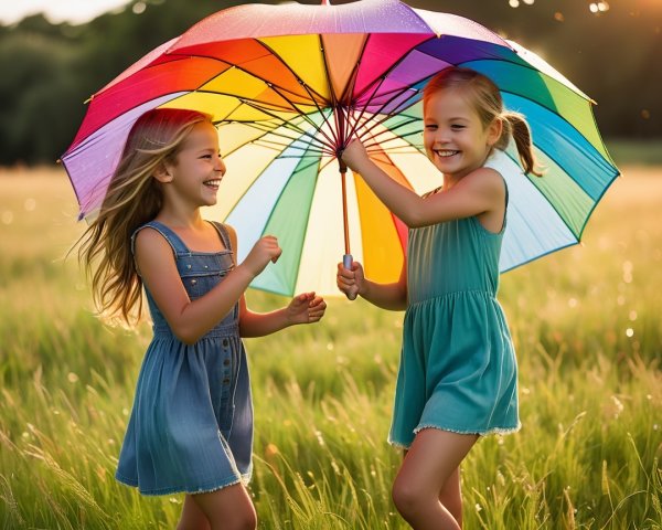 Young girls with umbrella in sunlit field setting