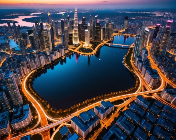 Aerial View of Urban Skyline at Sunset with Lake