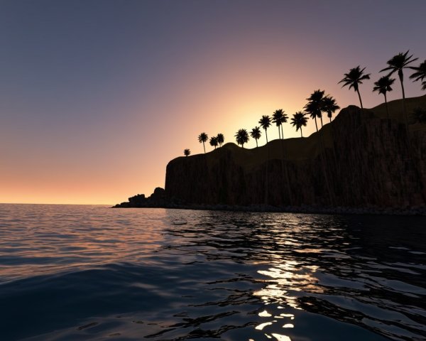 Vibrant Sunset Over Calm Ocean with Rocky Island