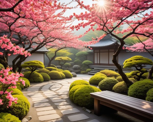 Serene garden with blooming cherry blossoms and bonsai