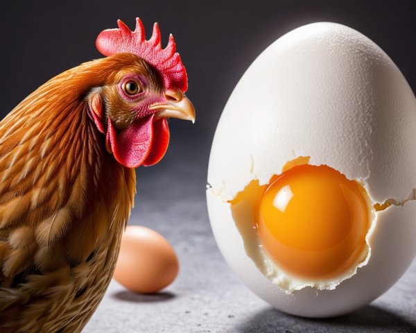 Brown Hen and Cracked White Egg with Yellow Yolk