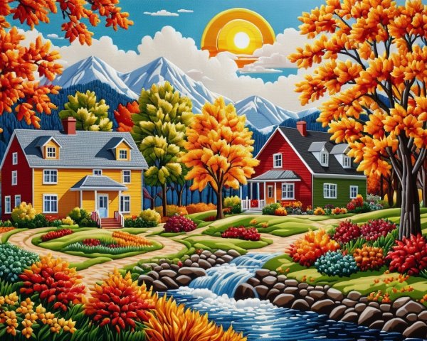 Colorful Illustration of Autumn Houses on a Hillside