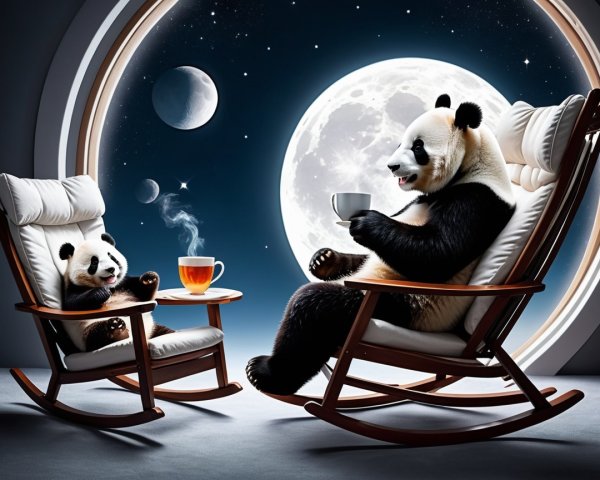 Pandas Relaxing in Rocking Chairs Under Celestial Sky