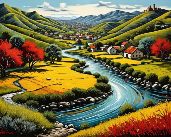 Rural Village Landscape with River and Castle Overview