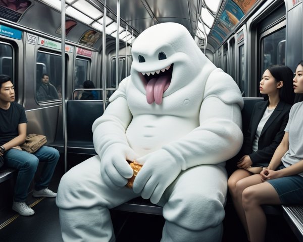 Ghostly Creature on Subway Bench with Edible Object