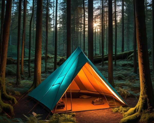 Teal and Orange Tent Glowing in Dark Forest