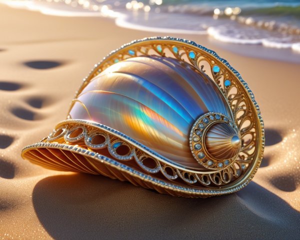 Ornate seashell with iridescent colors on sandy beach