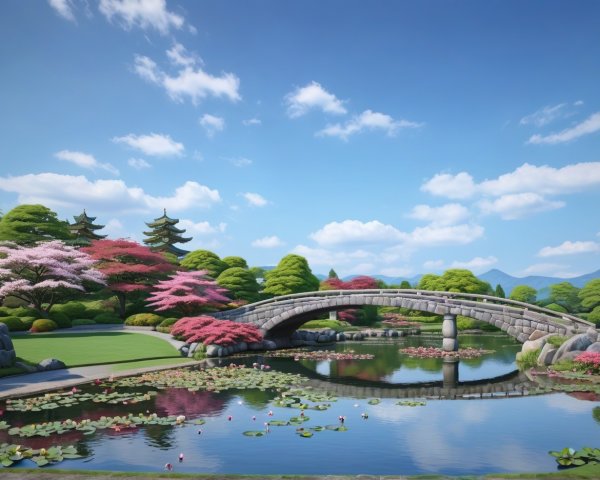 Bright Japanese Garden with Water and Pagodas