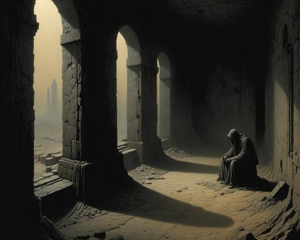 Cloaked Figure in Dimly Lit Crumbling Architecture