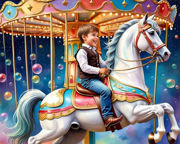 Young boy on a colorful carousel horse in space scene