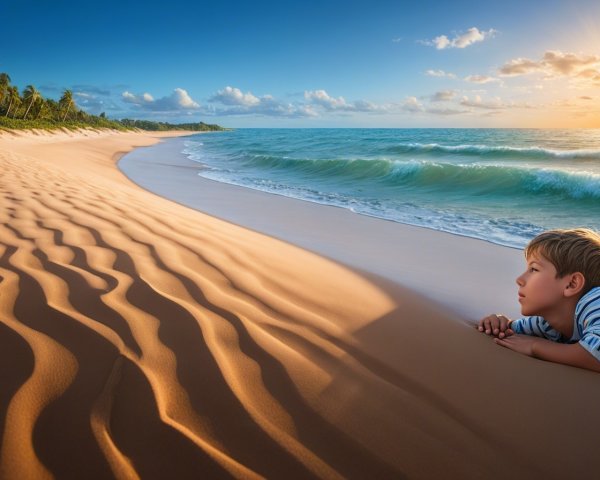 Boy on Beach at Sunset with Ocean Waves and Palms