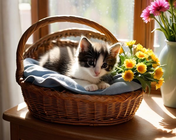 Fluffy Black and White Kitten in Sunlit Room