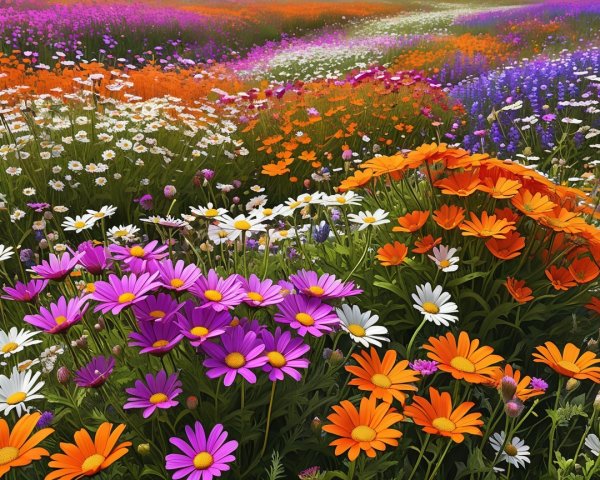 Vibrant Field of Colorful Flowers Under Clear Sky
