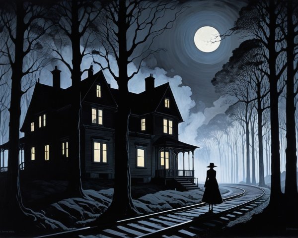 Victorian House at Night with Woman on Railroad Tracks