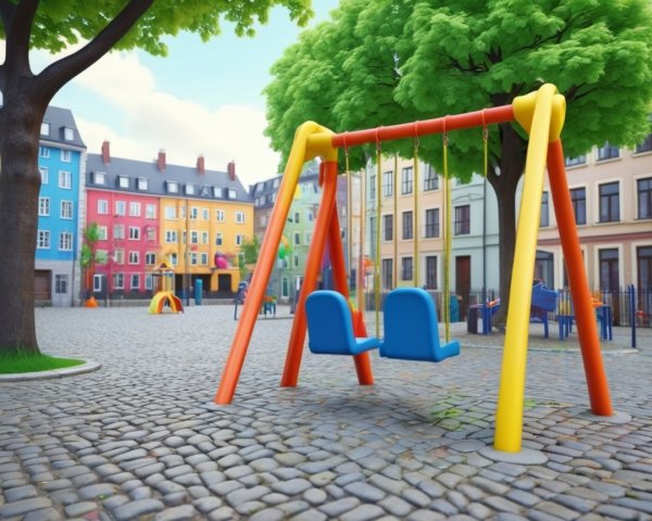 Colorful Playground Scene with Swing Set and Trees