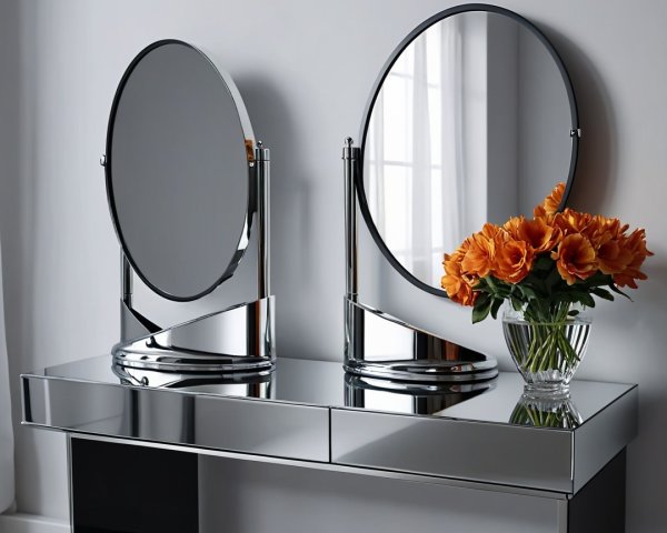 Modern Vanity Table with Mirrors and Vibrant Flowers