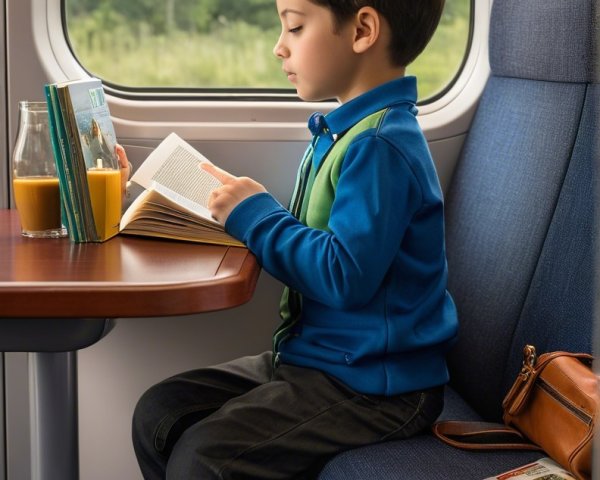 Young Boy Reading by Train Window with Scenic View