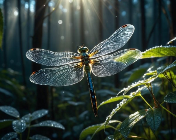 Dragonfly with Translucent Wings in Sunlit Forest