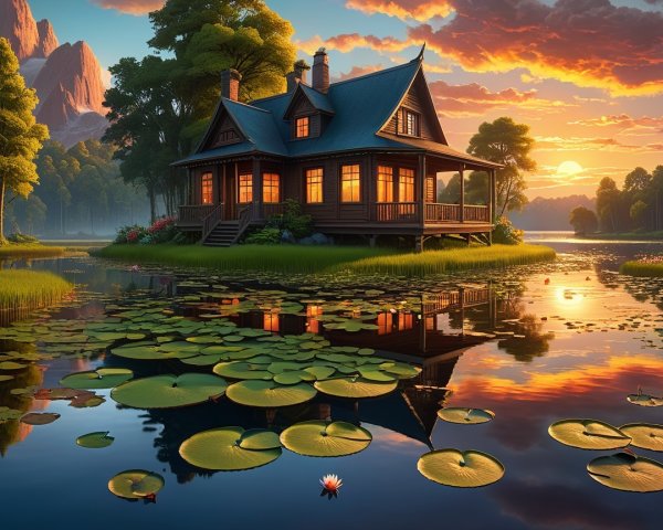 Storybook Wooden House on Grassy Island at Sunset