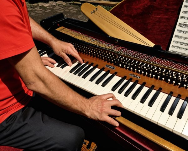 Piano Playing with Sunlit Wooden Craftsmanship