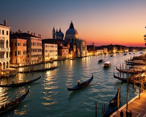 Grand Canal in Venice at Sunset with Gondolas