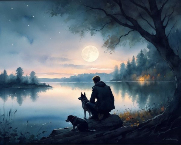 Tranquil Nighttime Watercolor of Lake and Moon