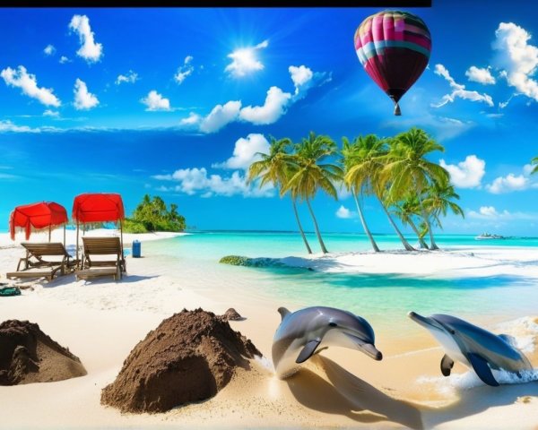 Tropical Paradise with Dolphins and Beach Scene